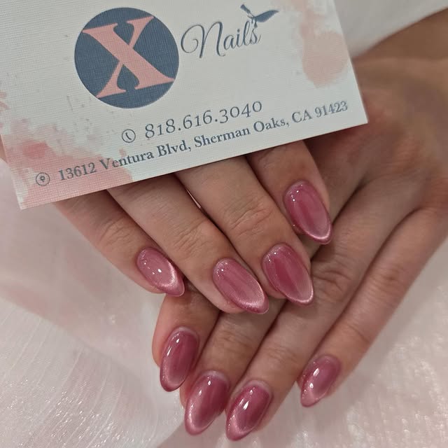Pink chrome almond gel manicure at X Nails Sherman Oaks
